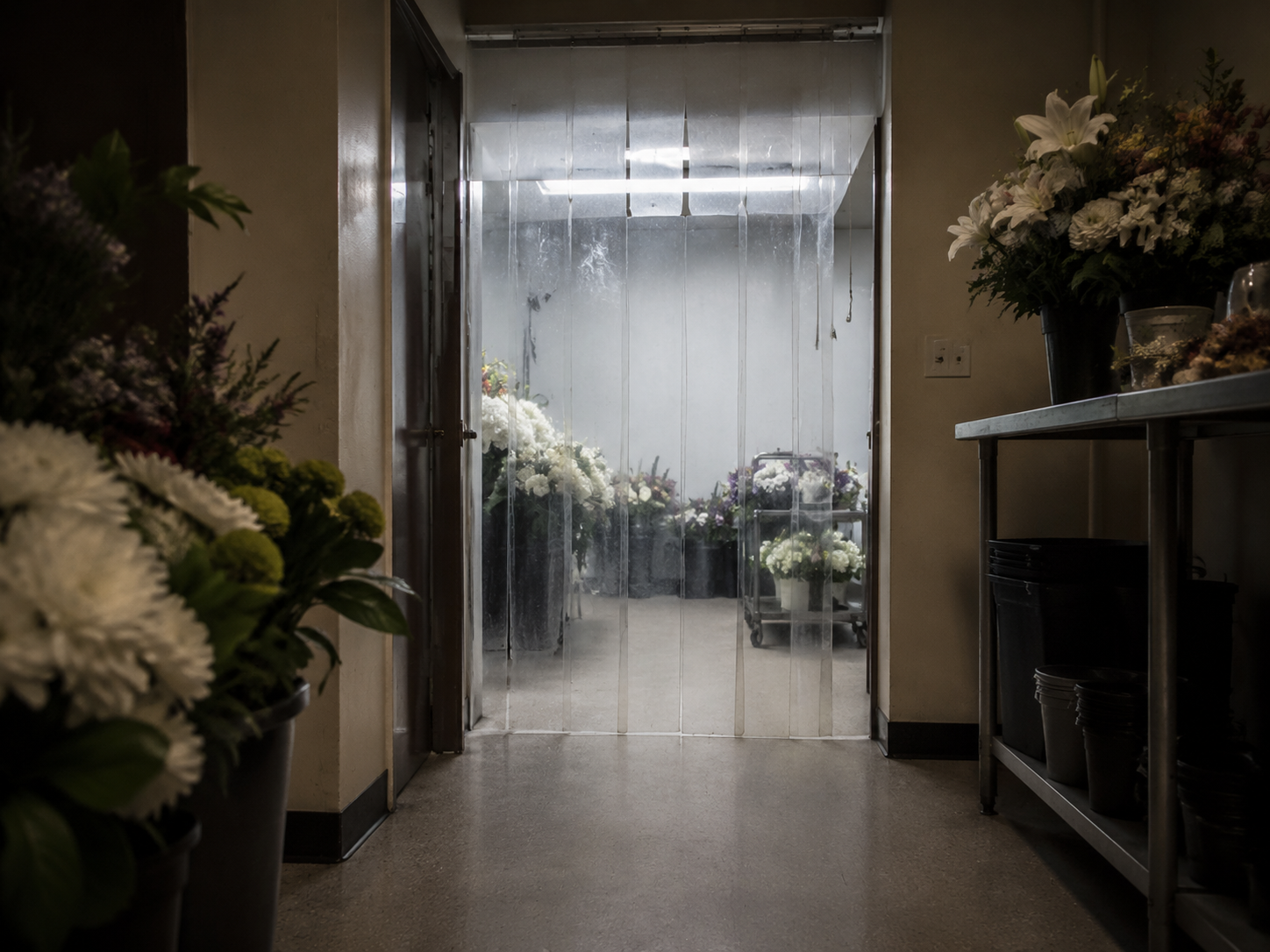 Plastic strips hang at the entrance to a funeral home flower cooler.