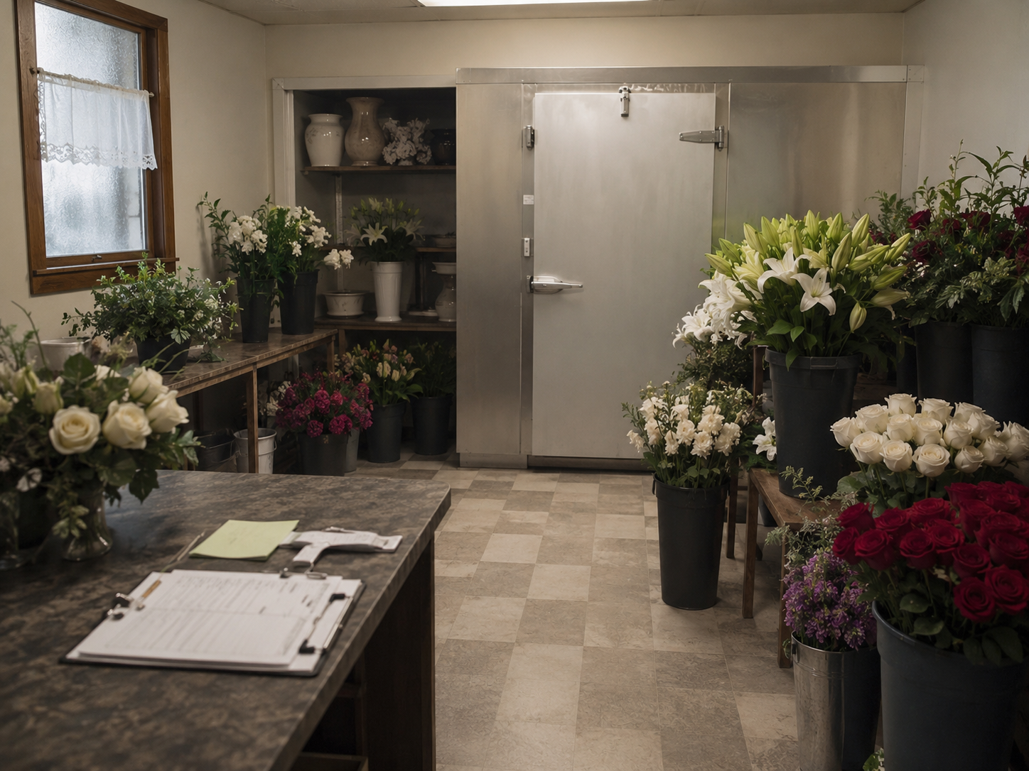 The flower cooler room appears normal the morning after the handprint was found.
