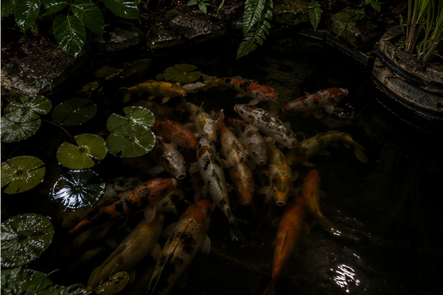 Koi hiding in pond corner