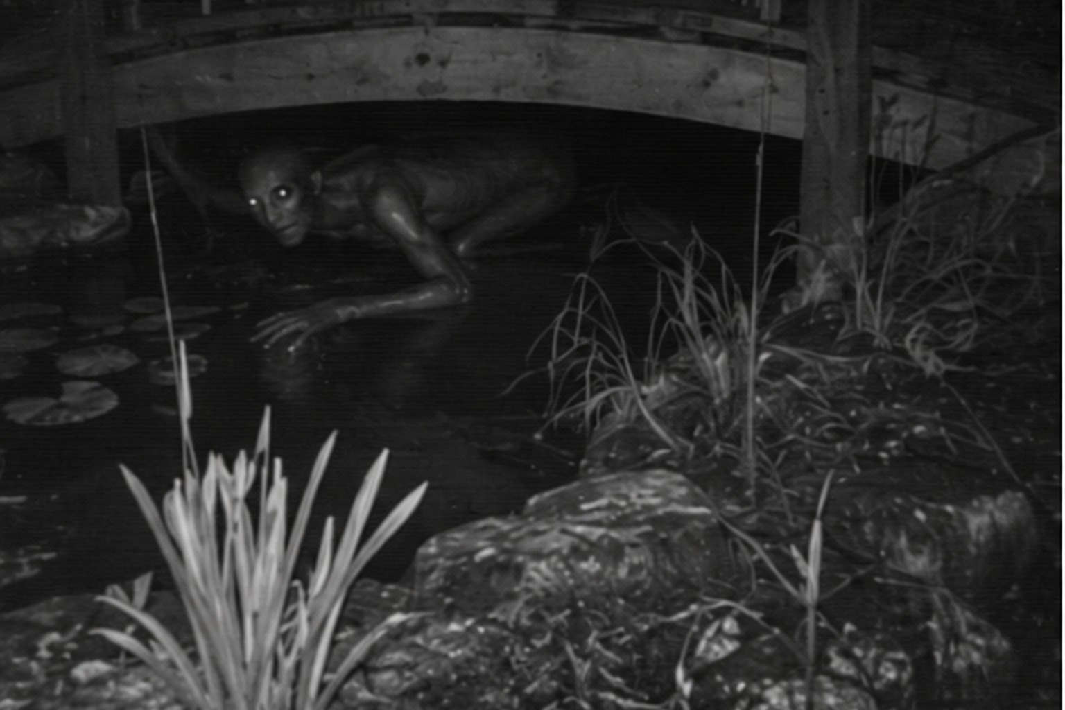 Low hairless creature under footbridge