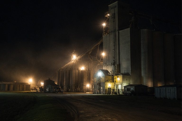 Grain elevator silos at night
