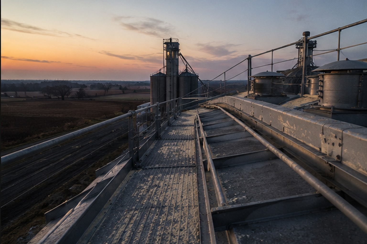 Dust marks on grain elevator roof