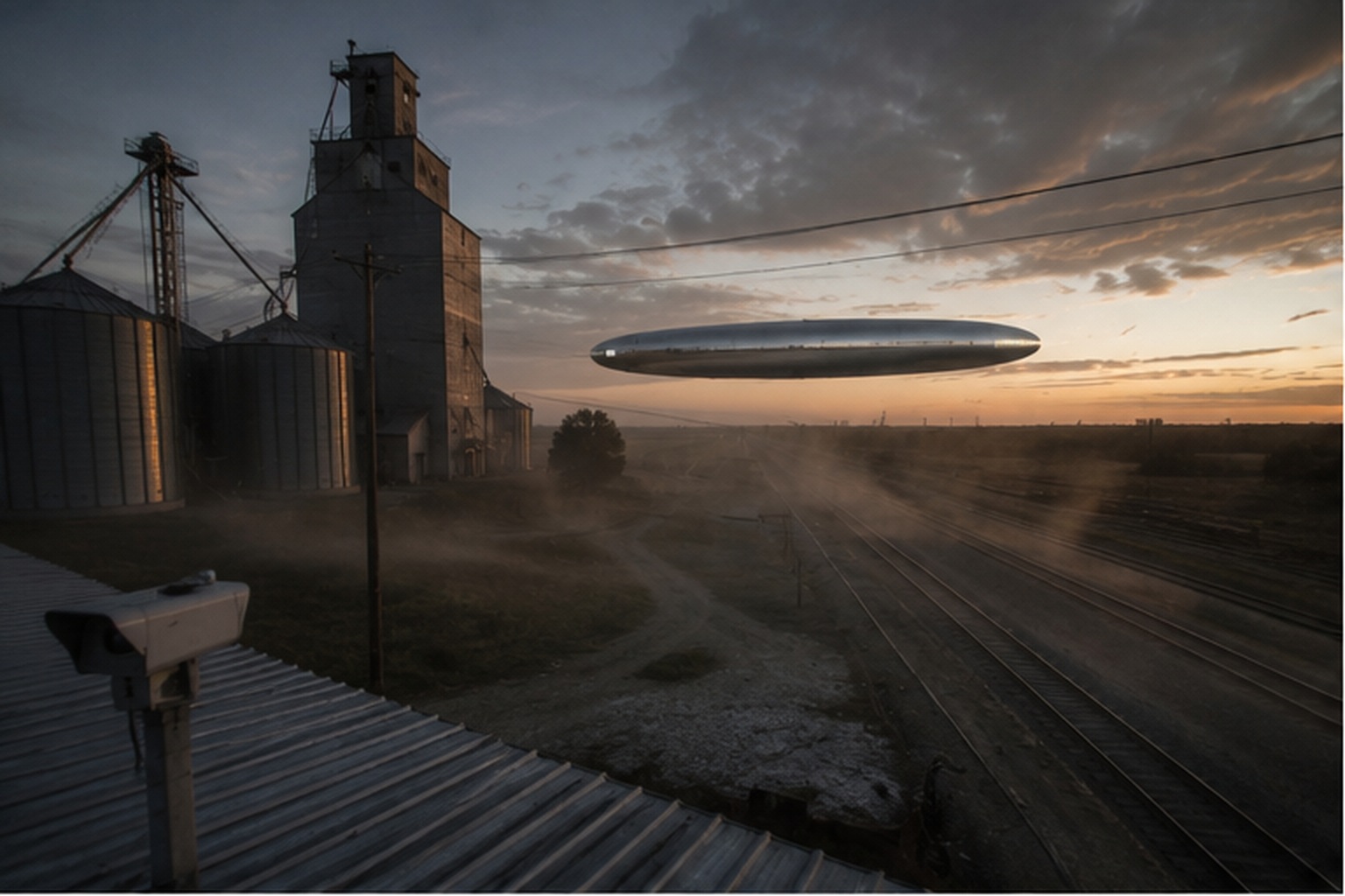 A silver cigar-shaped craft hangs above railroad tracks beside a grain elevator during a wind alarm.