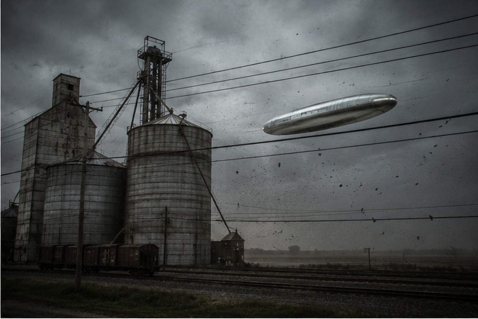A metallic cigar-shaped UFO appears between power lines over a grain elevator railroad siding.