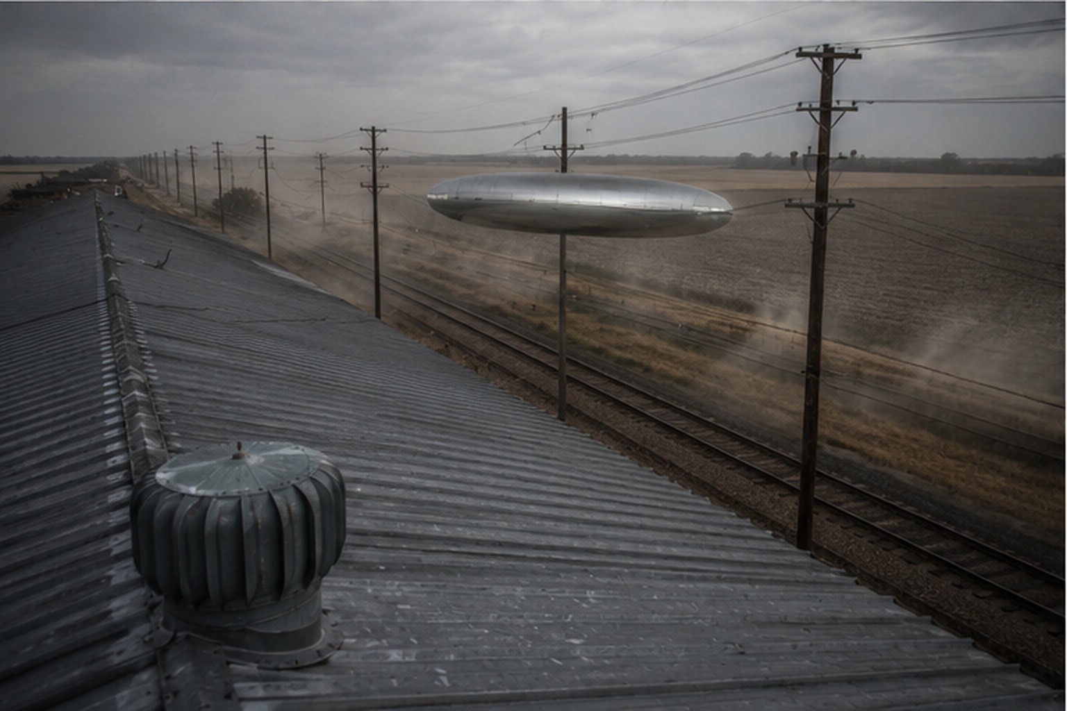 A roof camera view shows a solid silver cigar craft hovering over empty freight rails.