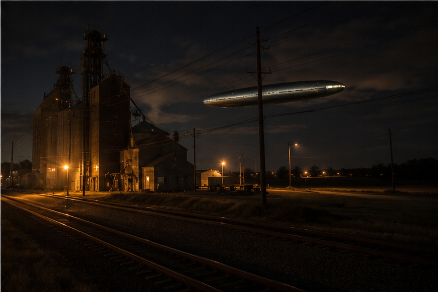 A smooth silver cigar UFO hangs motionless above a dark railroad siding near a grain elevator.