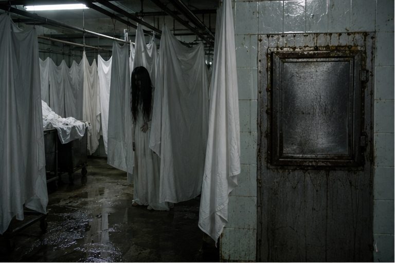 A pale long-haired woman in a white dress is partly hidden behind hanging sheets in a closed hospital laundry room.
