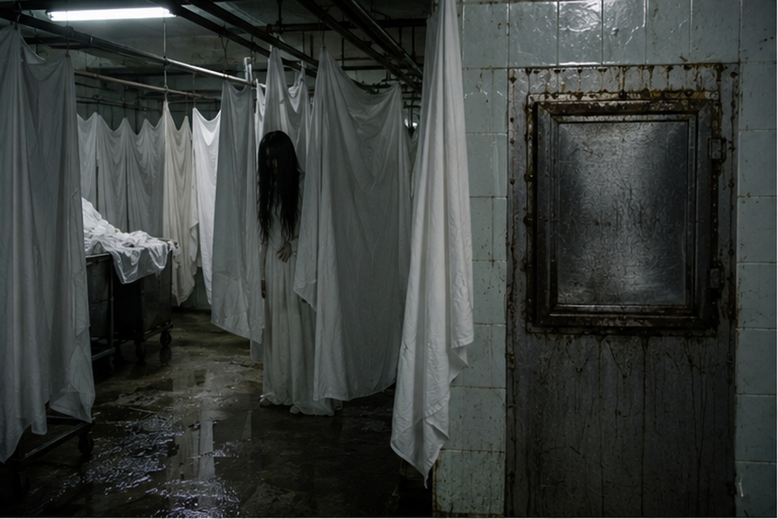 A pale long-haired woman in a white dress is partly hidden behind hanging sheets in a closed hospital laundry room.
