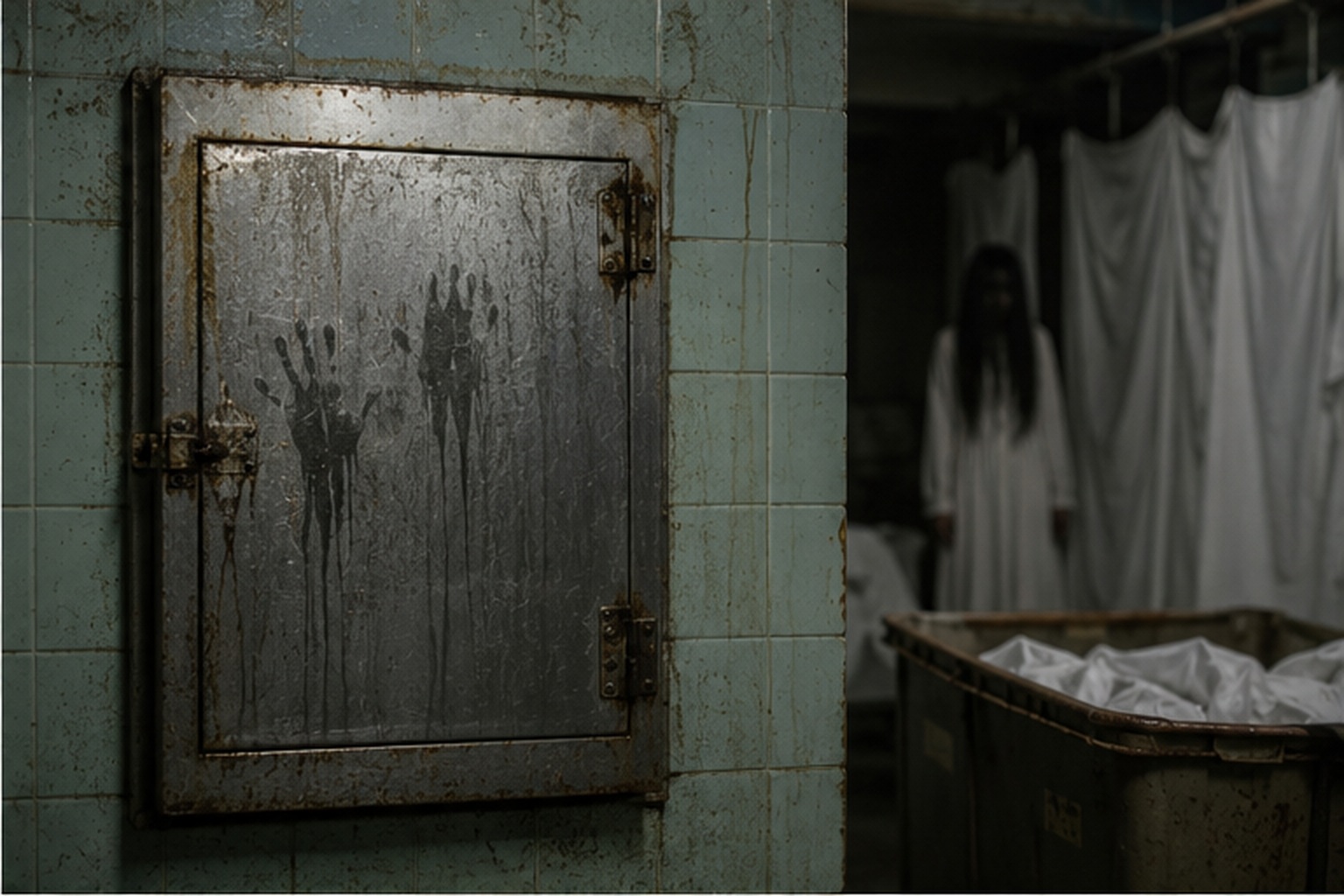 Hand-shaped condensation streaks appear beside a sealed hospital laundry chute with white sheets hanging nearby.