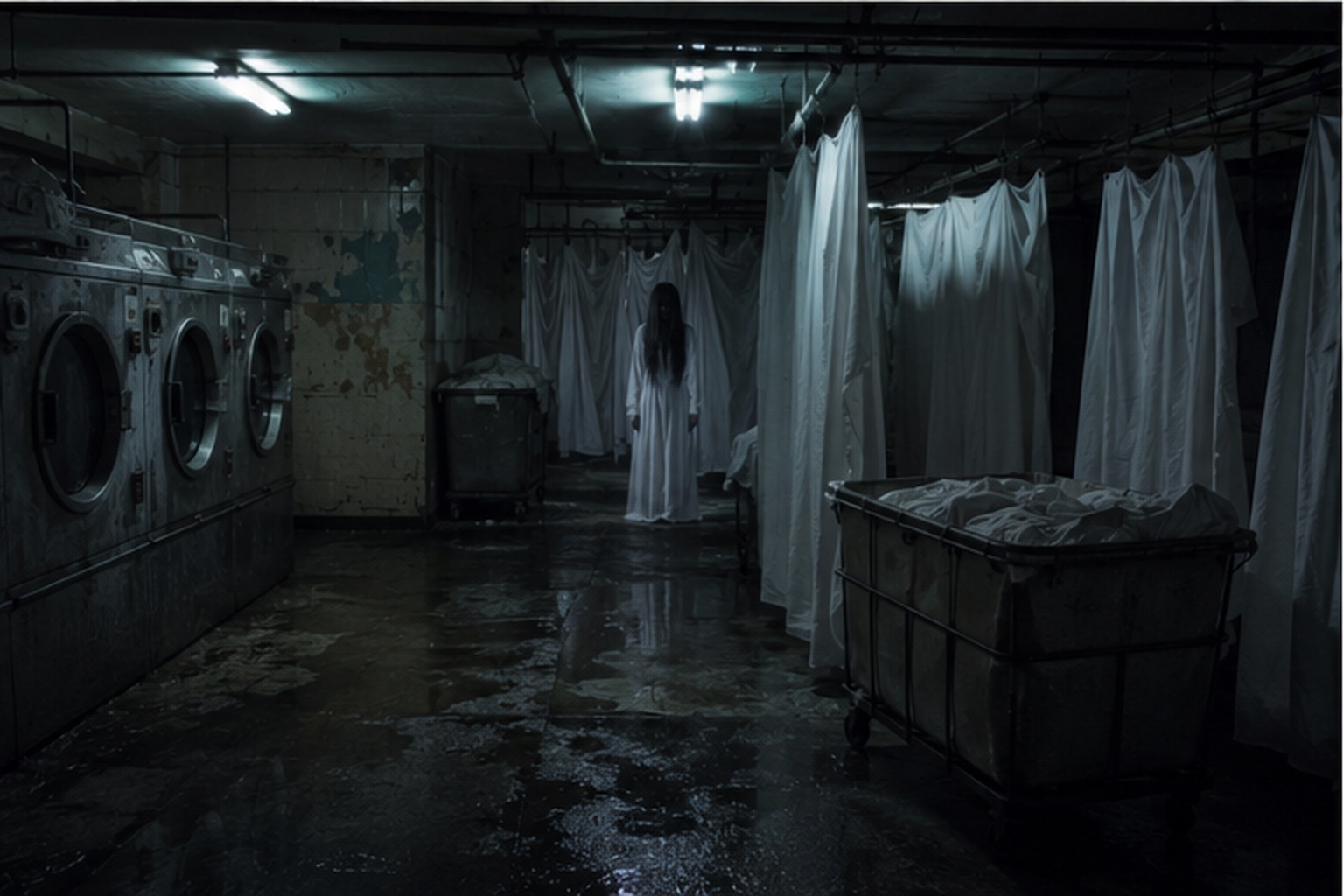 A closed hospital laundry room with damp sheets and a pale white-dress apparition barely visible between them.