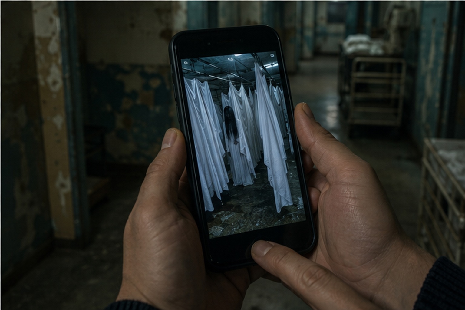 A staff phone photo shows hanging hospital sheets with a pale long-haired woman partly hidden behind them.