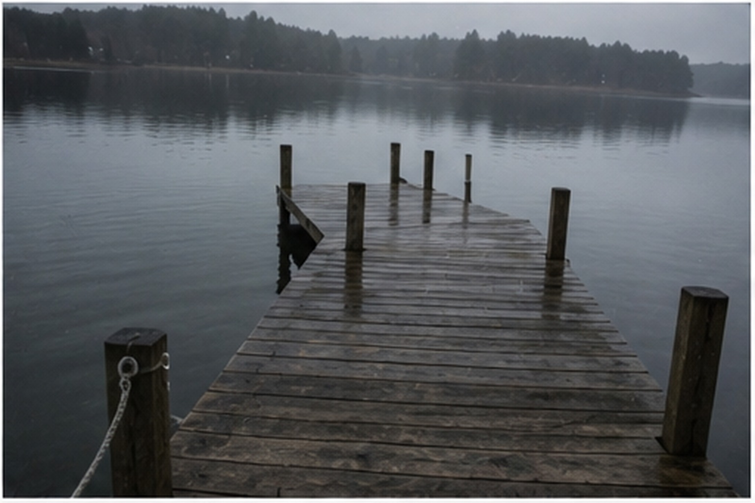 Empty lake dock the morning after strange light