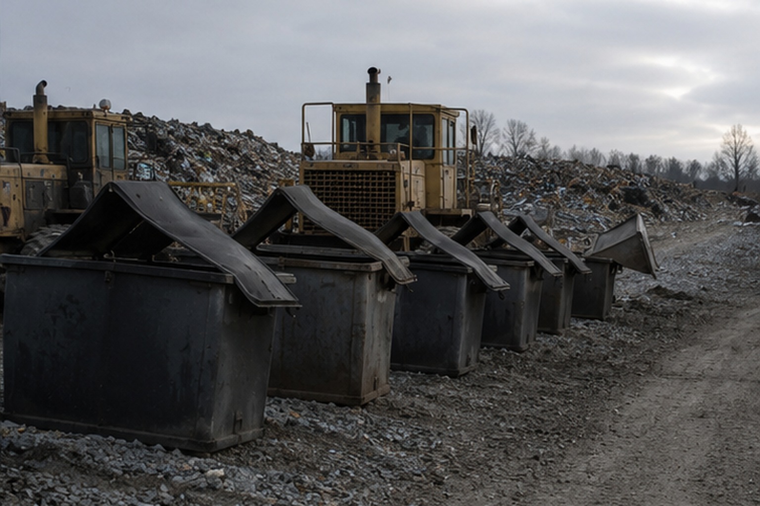 Bent trash-bin lids at landfill