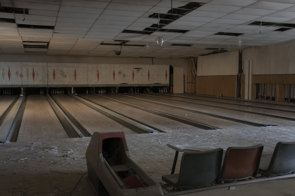 Empty closed bowling alley lanes in dim light