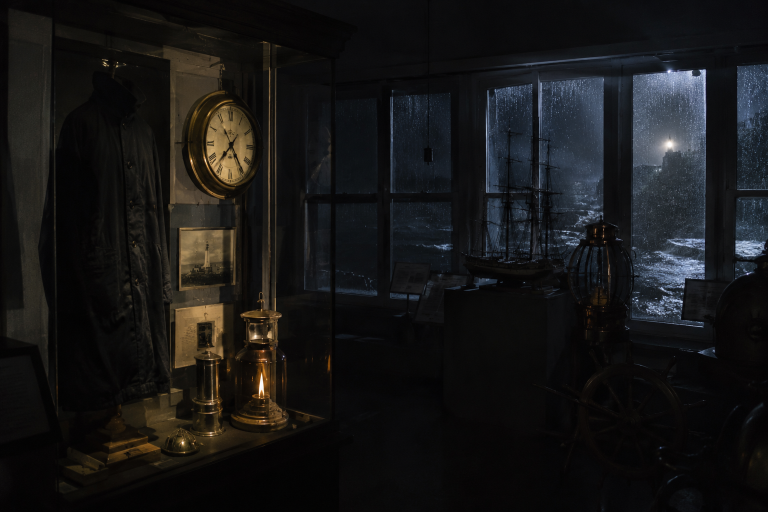 Dim coastal museum lighthouse display with an old brass clock under glass during a power outage.