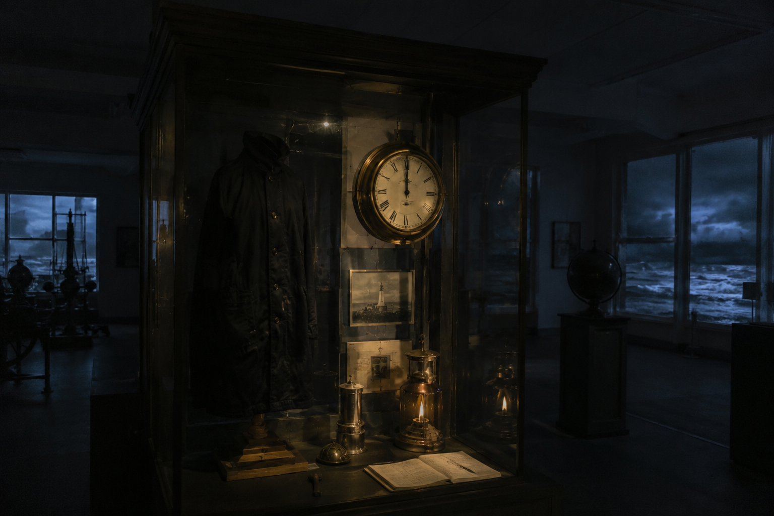 Staff phone photo view of a retired lighthouse clock in a dark museum display with storm light behind it.