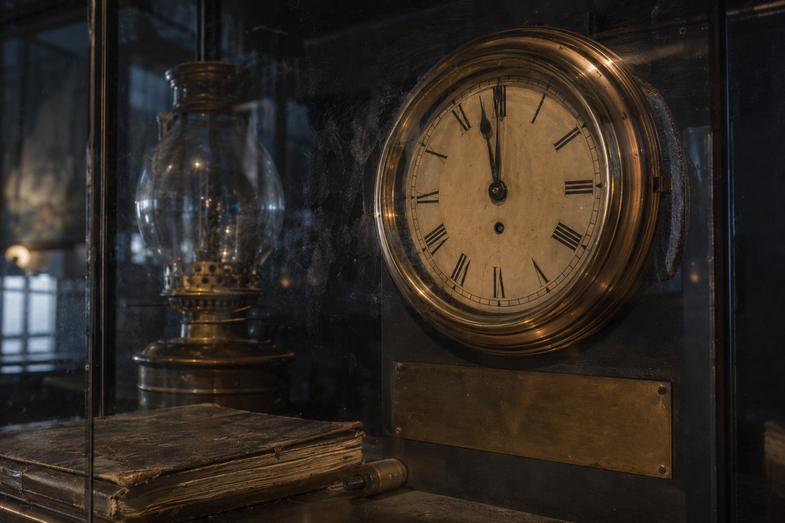 Close view of an antique lighthouse keeper clock behind museum glass with a faded logbook and oil lamp.