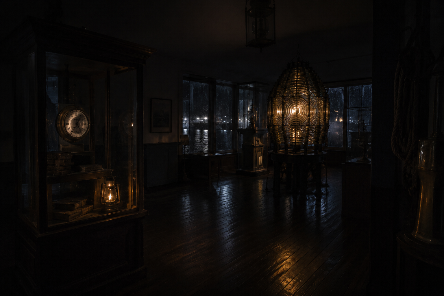 Empty coastal museum gallery at night with a lighthouse display and old clock case glowing in emergency light.