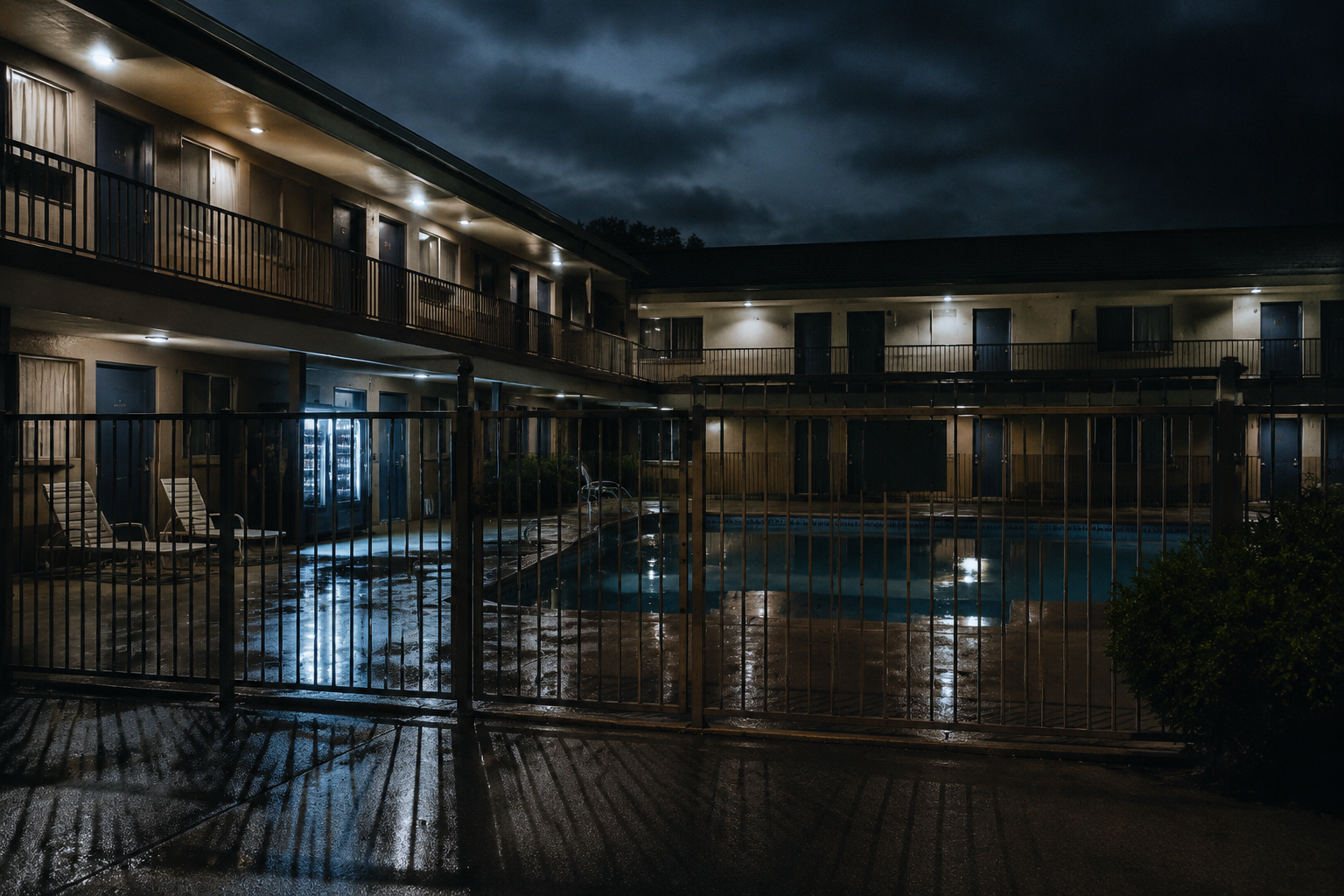 Closed motel courtyard with locked pool gate and damp concrete