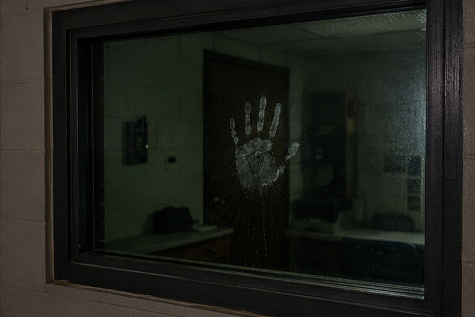 Wet handprint on locked pool office window