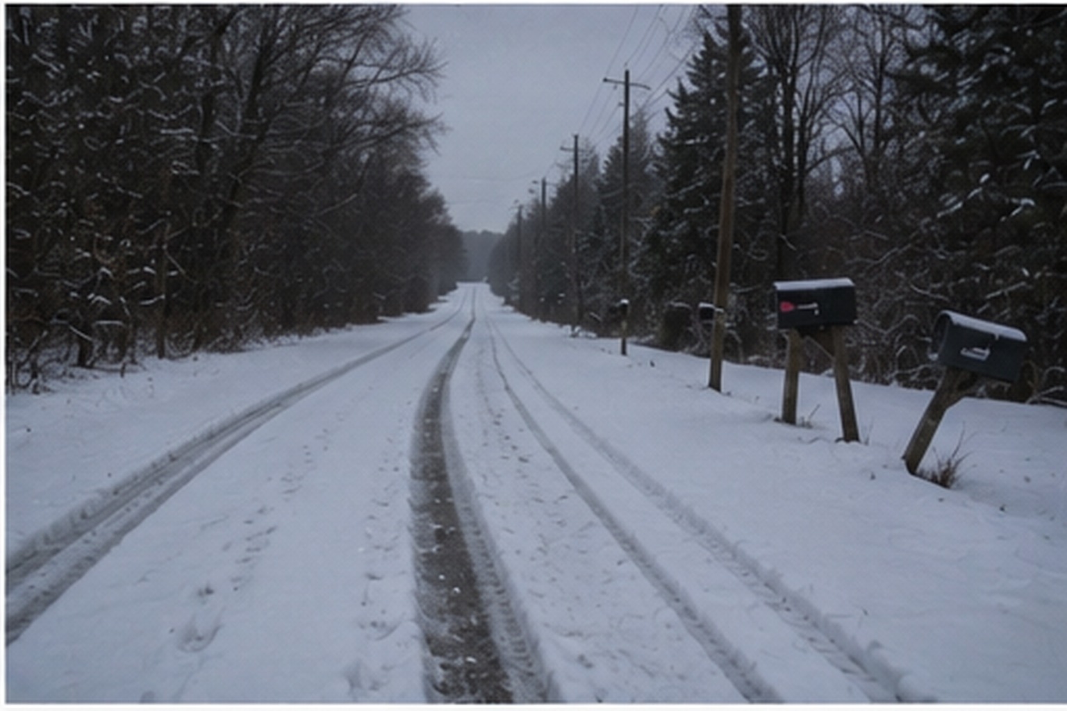 Stopped tire tracks on a snowy mail road