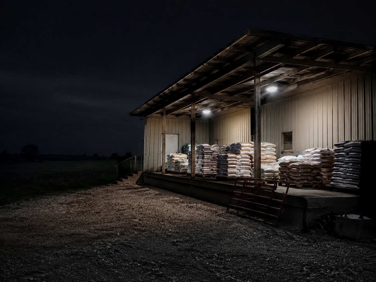 Midnight farm supply loading dock with feed pallets