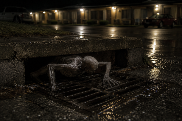 Motel floodwater reflecting lights around a storm drain where a gaunt long-limbed creature is partly concealed.