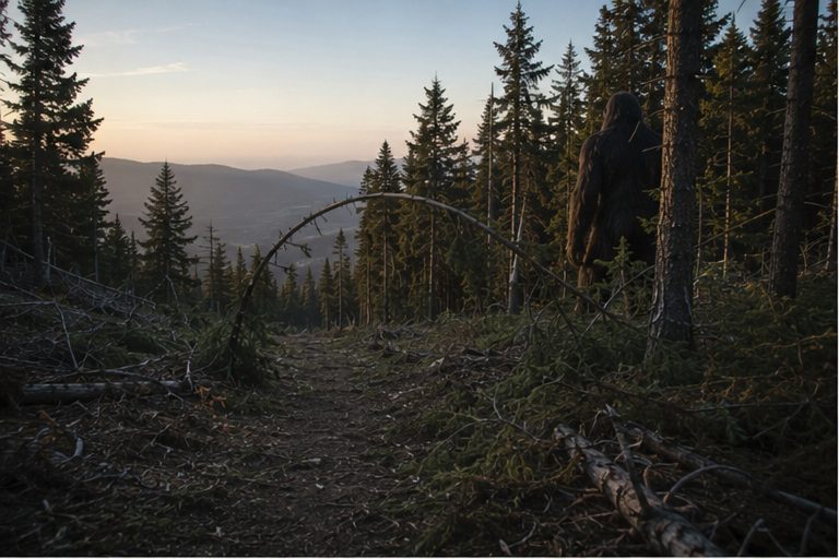 A remote mountain firebreak shows a bent sapling arch with a huge dark hairy figure partly hidden behind fir trunks.