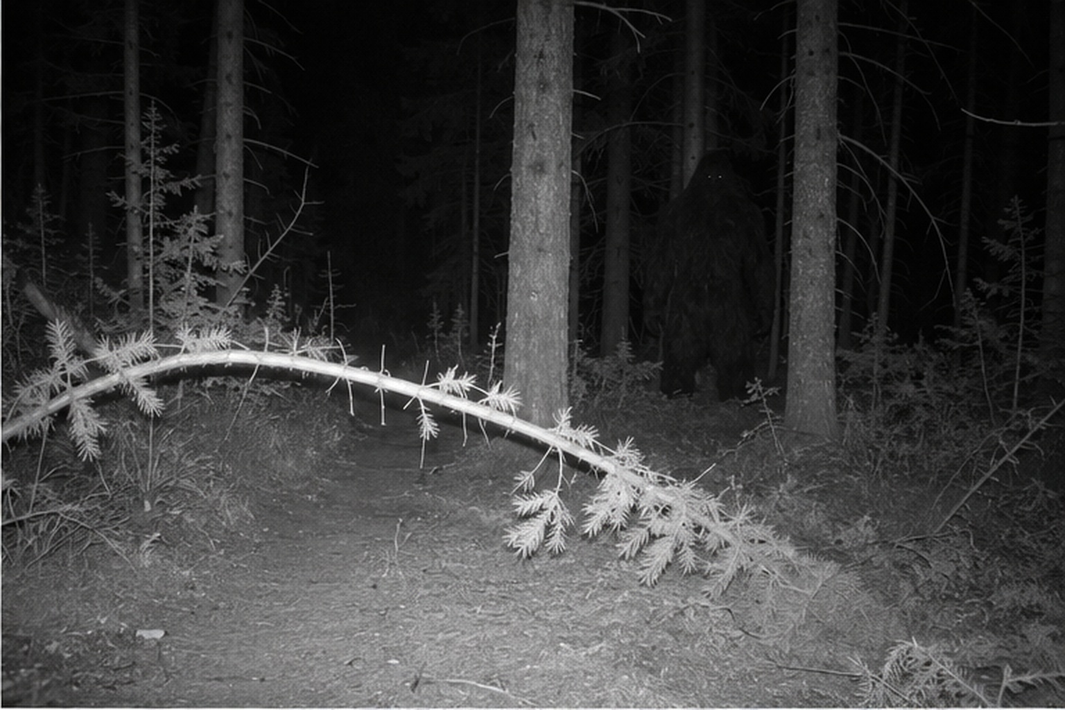 A trail camera view of a bent sapling arch with a broad dark Sasquatch-like shape behind fir trunks.