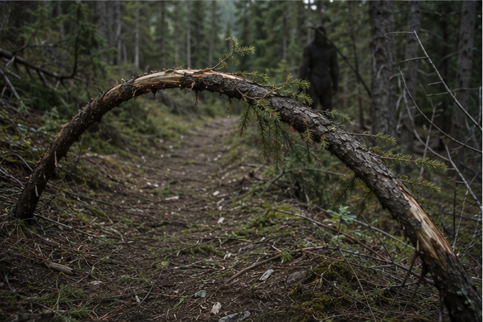 A freshly bent sapling arch crosses a mountain firebreak while a dark figure stands deep between fir trees.
