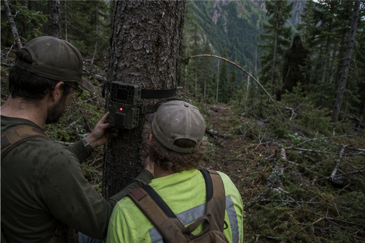 Forestry workers examine a trail camera near a bent sapling arch on a remote mountain firebreak.