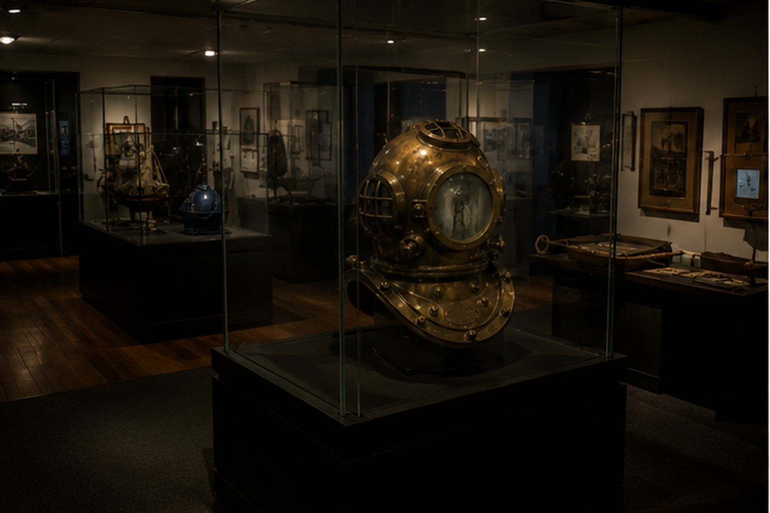 Antique diving helmet in locked museum case CAPTION 1: The helmet had been displayed for years without drawing attention beyond ordinary visitor curiosity.
