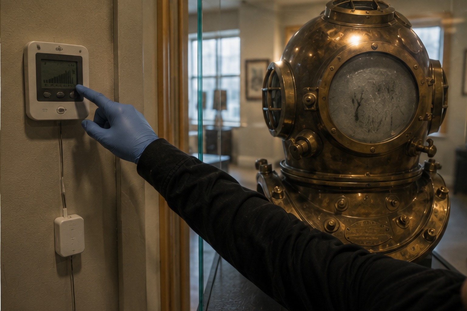 Museum staff checking humidity near locked case CAPTION 4: The room sensor stayed normal, which made the fog inside the old helmet harder to dismiss.