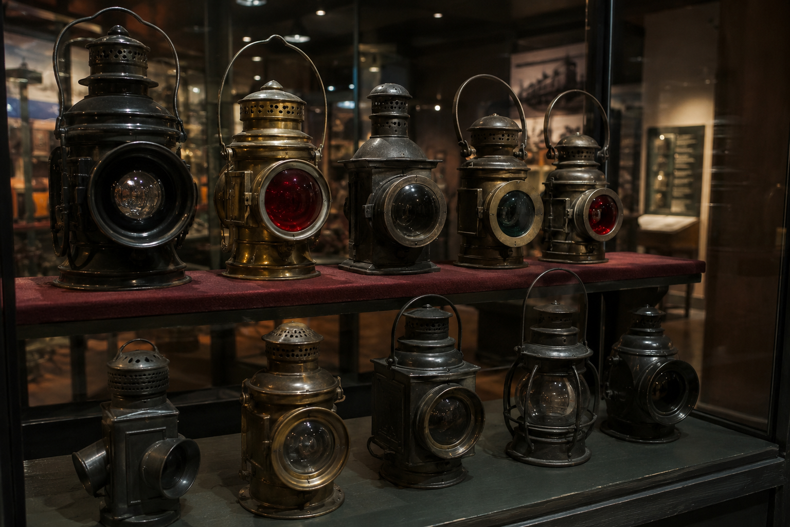 Railroad lanterns in museum display case