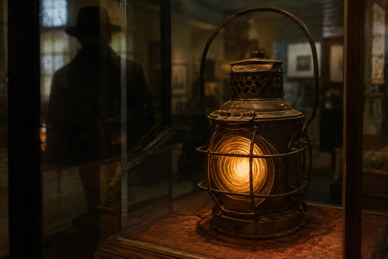 Antique railroad lantern appearing lit in glass case