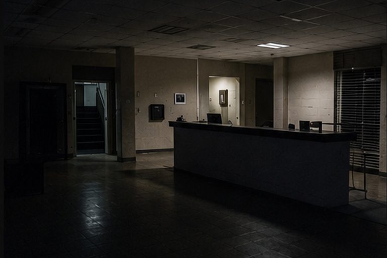 Empty office lobby beside basement door