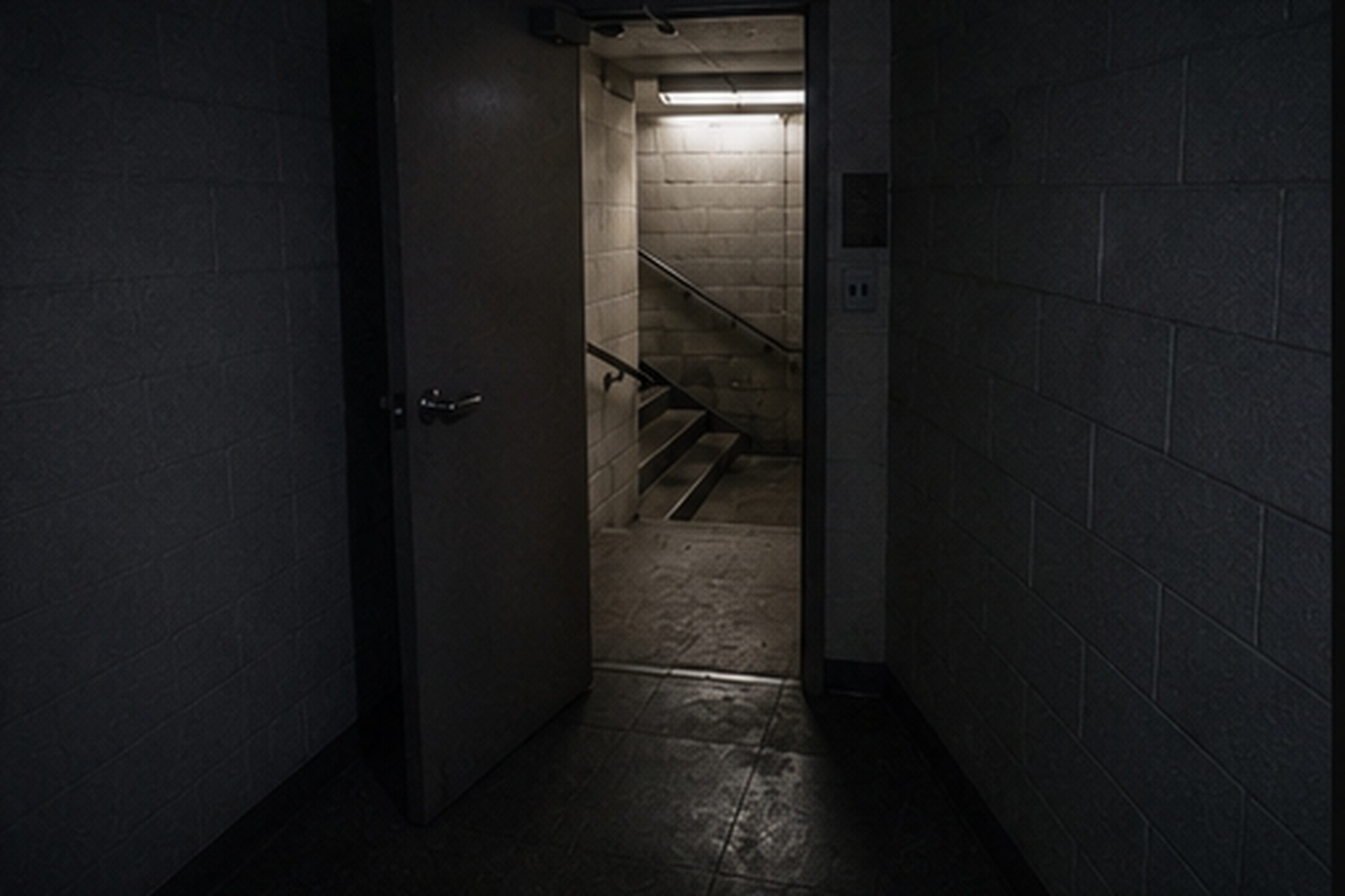 Open basement stairwell door at night