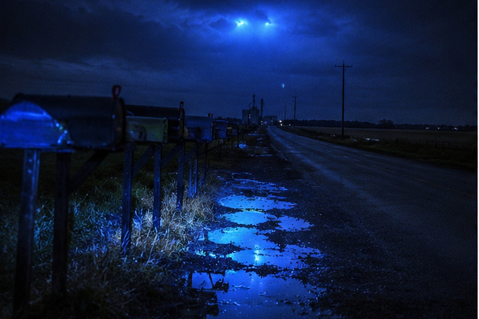 The wet pavement and roadside puddles turned electric blue as the cluster appeared to lower over the road.