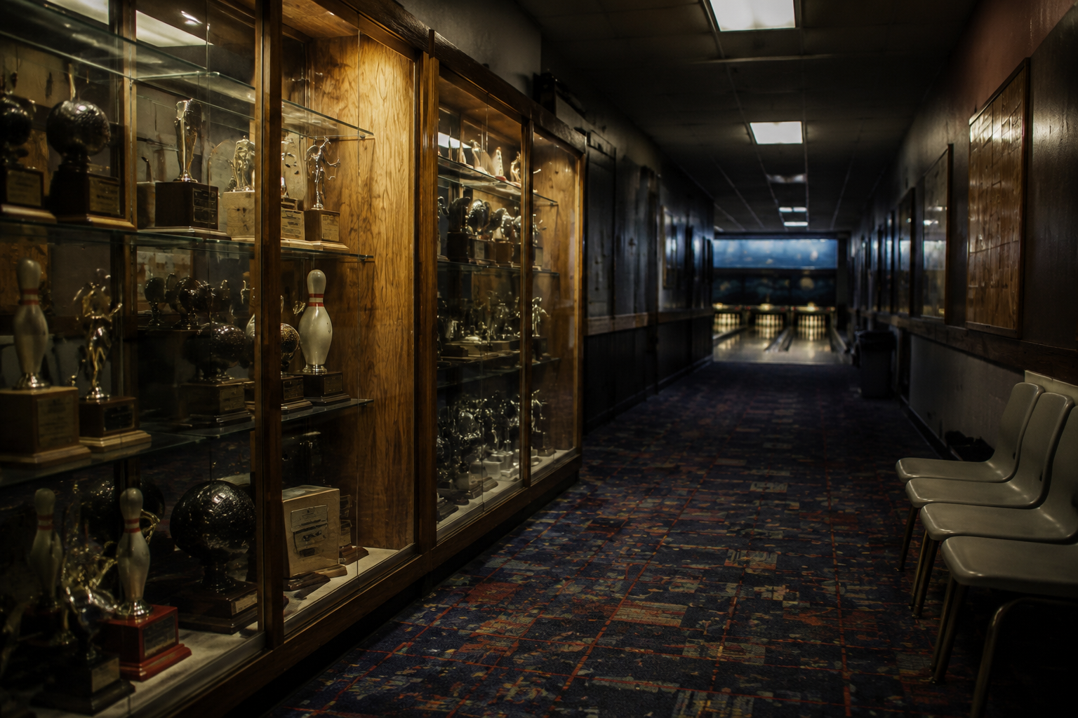 Old bowling alley trophy hallway with a glass case and closed lane doors