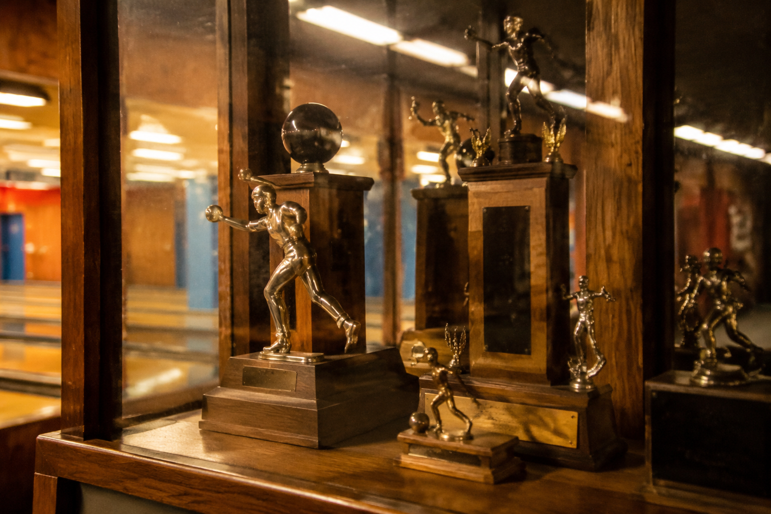 Dusty bowling trophies behind glass with warped hallway reflections