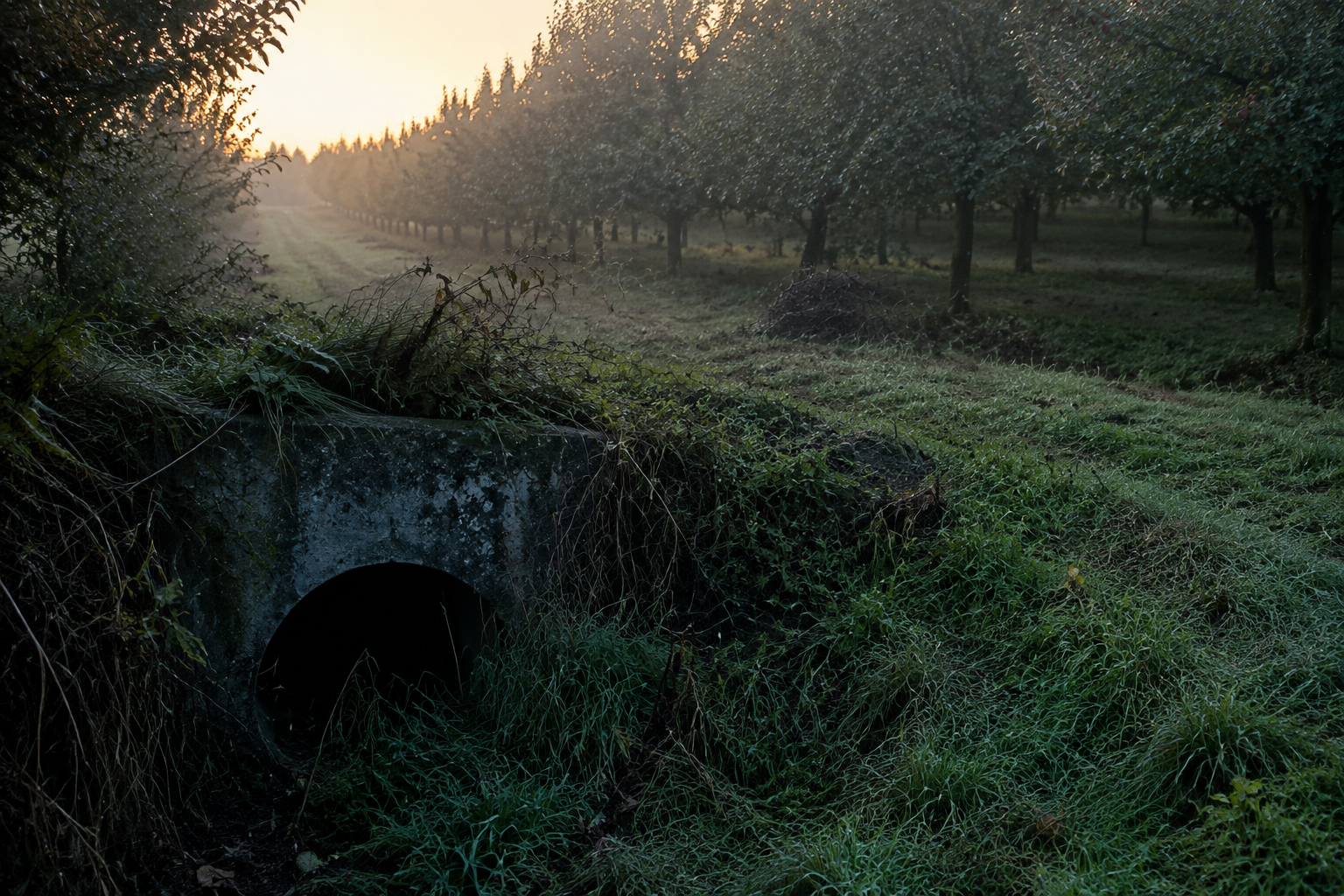 Old orchard drain where an unknown creature was reportedly seen.