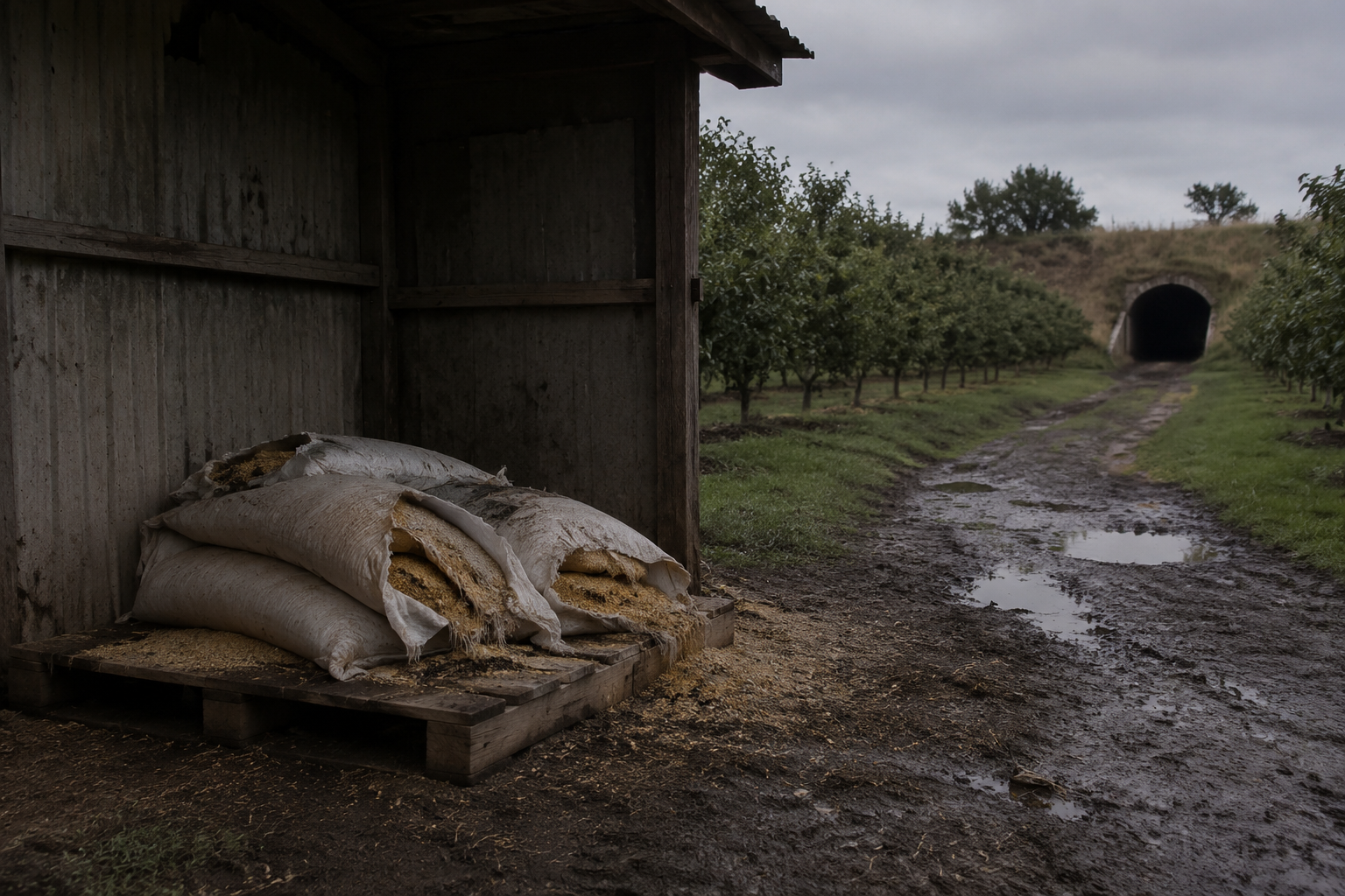 Torn feed bags with a muddy trail leading toward an orchard drain.