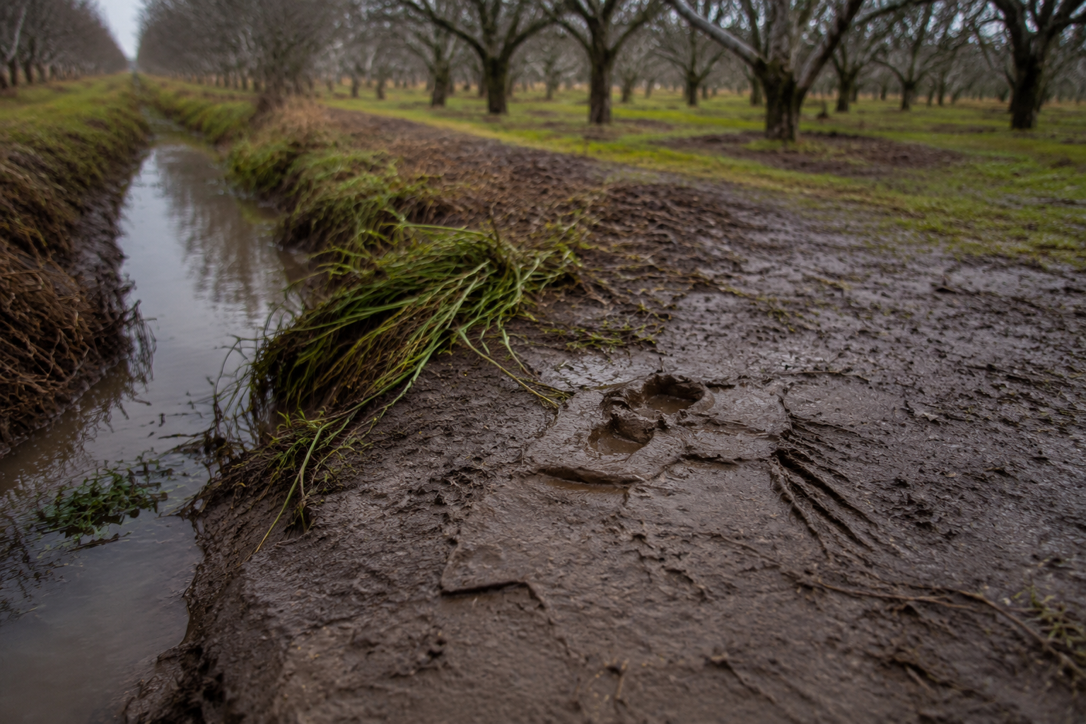 Unusual marks in mud near an orchard drainage ditch.