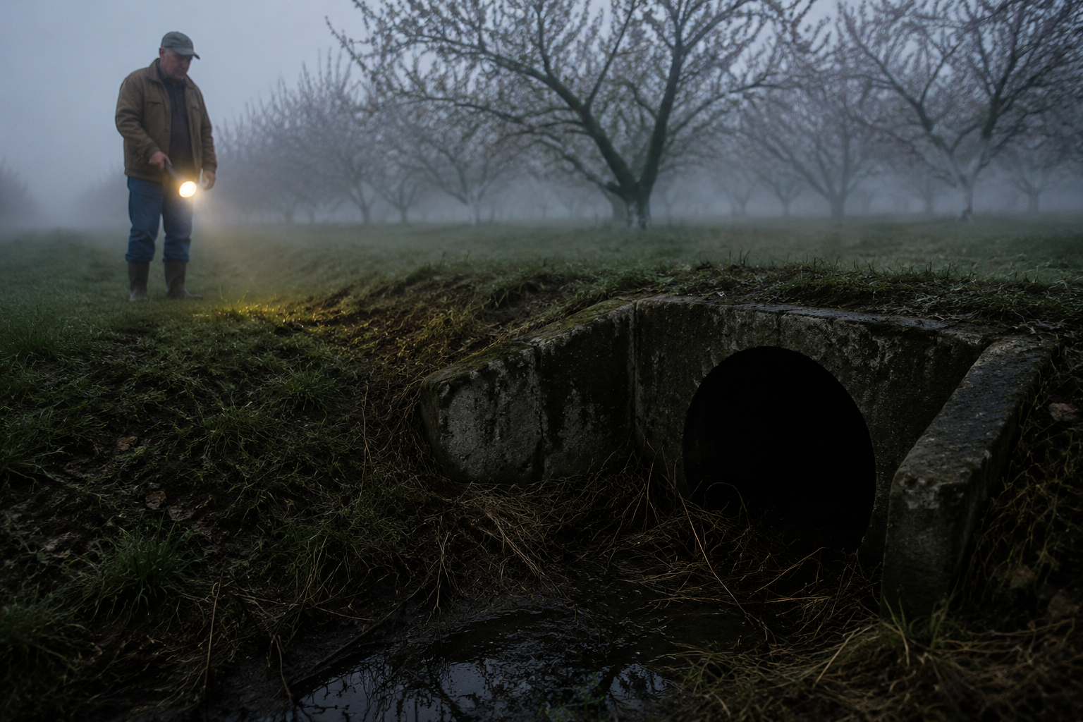 Orchard worker looking toward a dark culvert after a strange sighting.