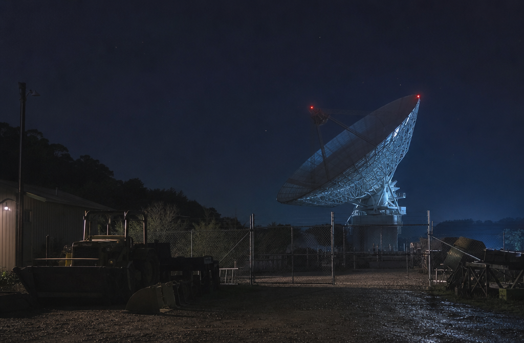 Closed radio telescope yard at night