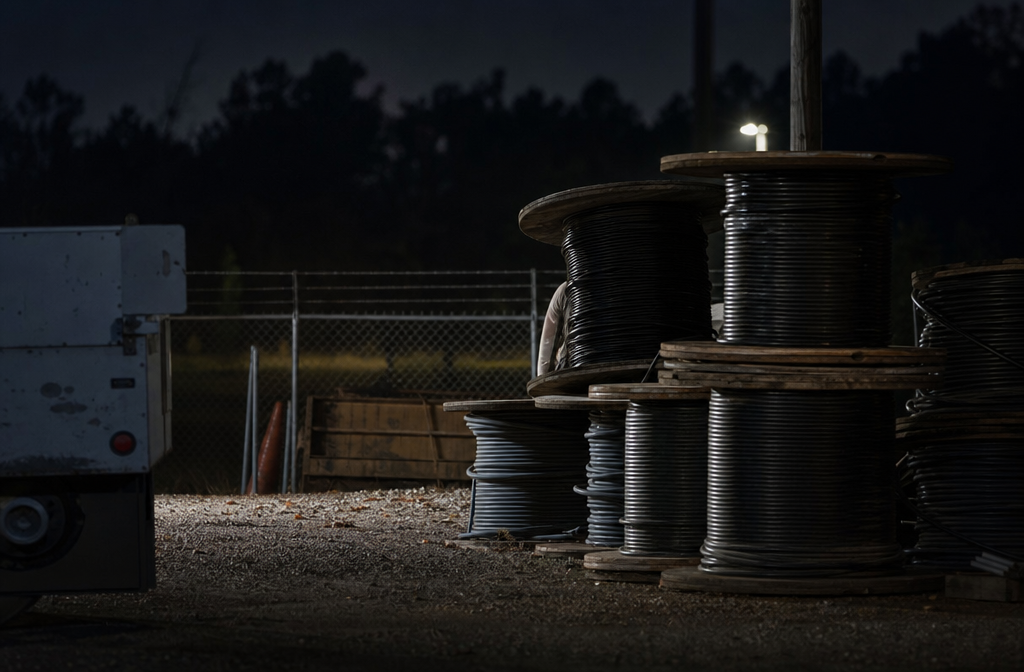 Cable reels near fence in dim yard
