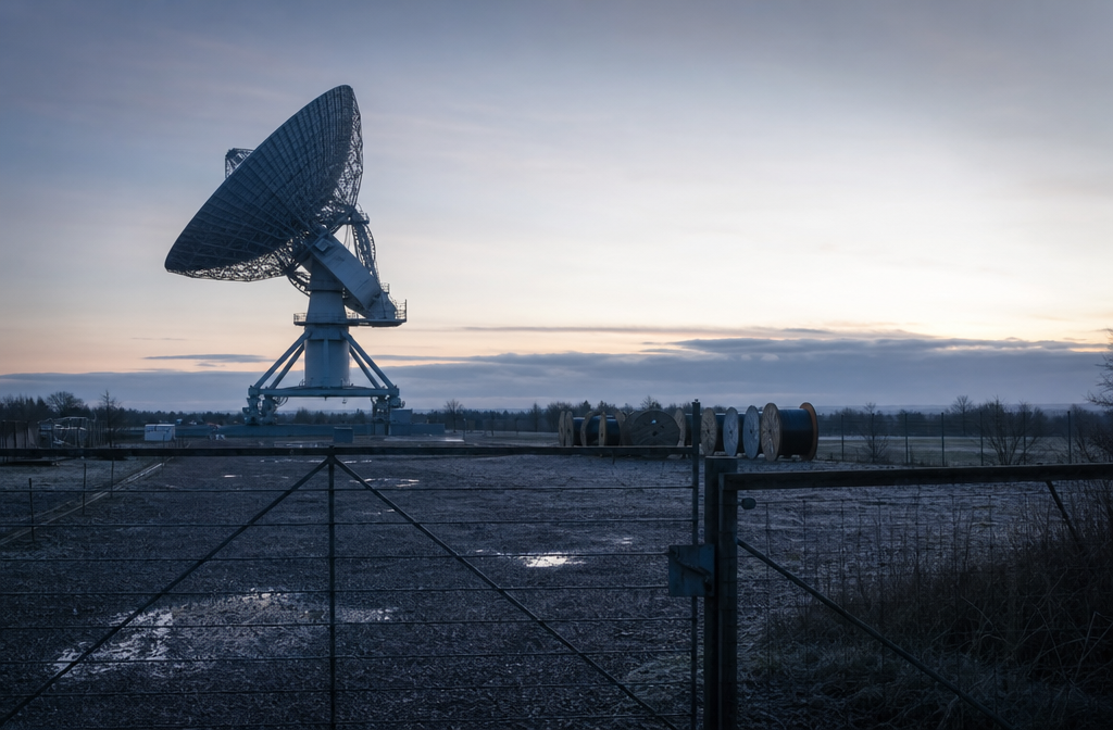 Empty radio telescope yard at dawn