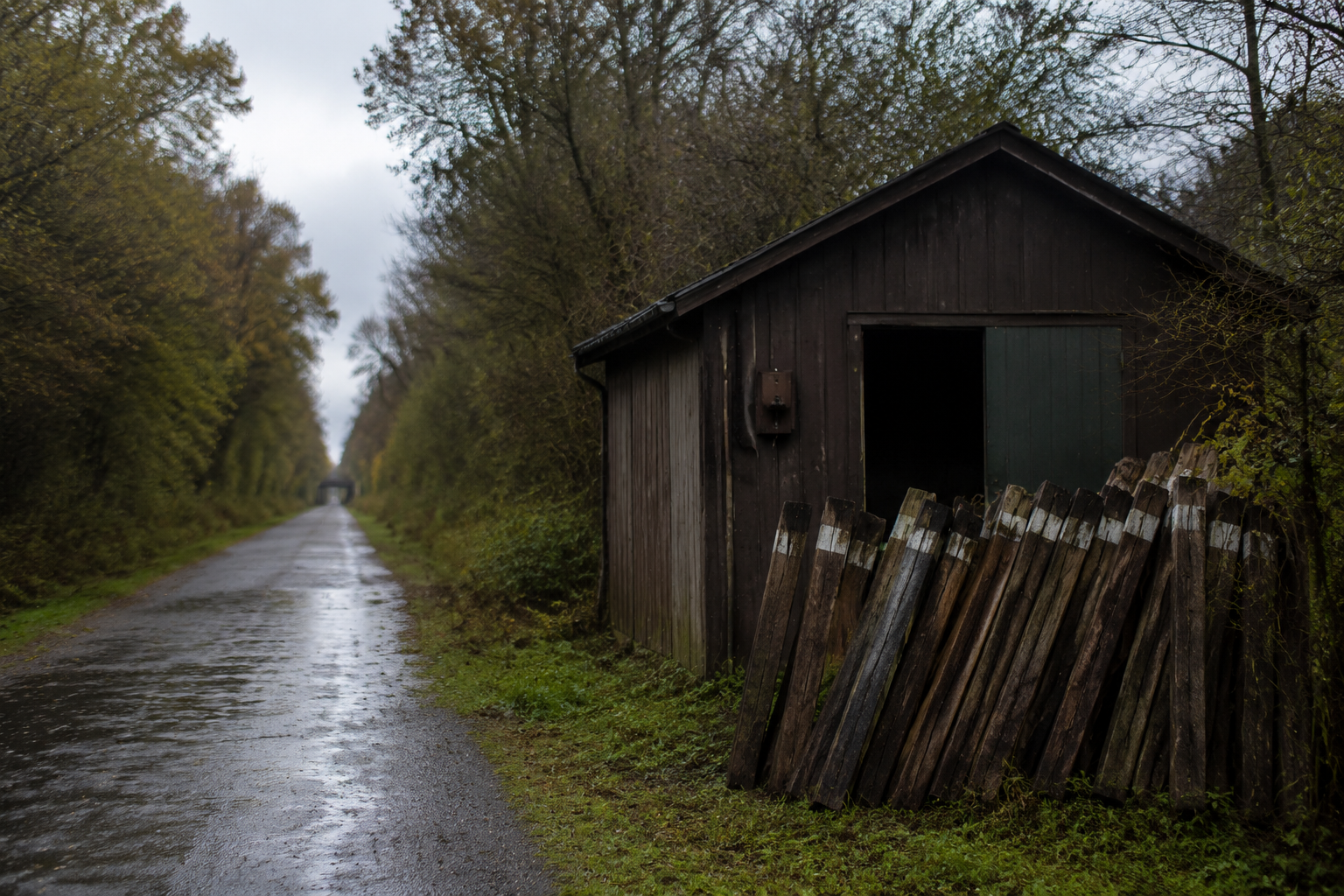 Maintenance shed and stacked mile-marker posts near brush