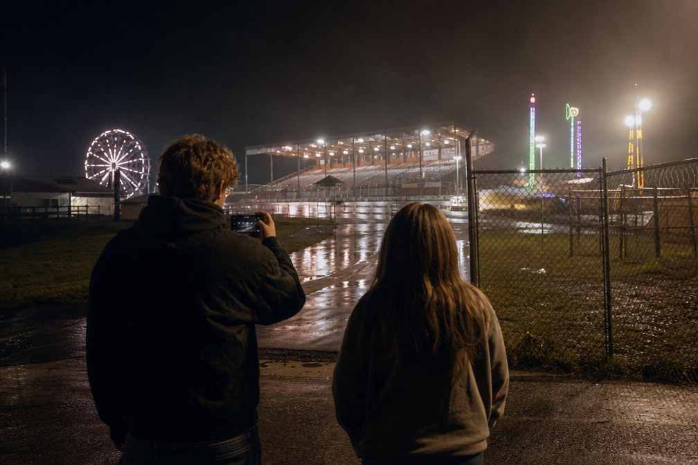 Walkers photographing a closed fairground after rain