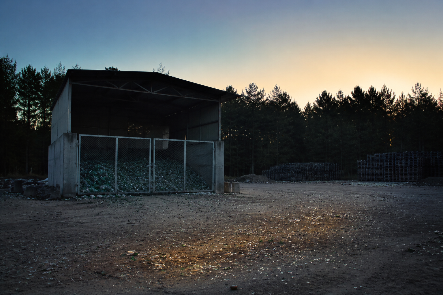 Locked recycling bay near a dark tree line